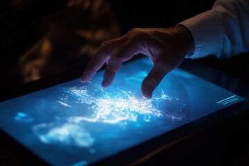 A person interacting with a glowing digital map on a tablet, showcasing city lights at night