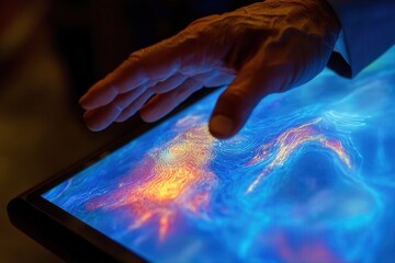 A person interacting with a vibrant, illuminated touchscreen displaying abstract patterns