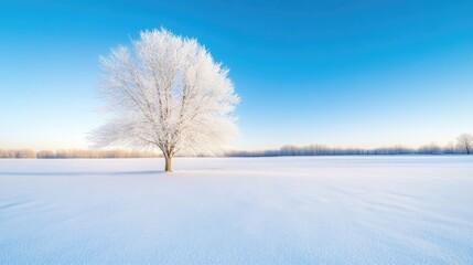 Obraz premium Solitary frosted tree in a vast snowy field under a clear blue sky