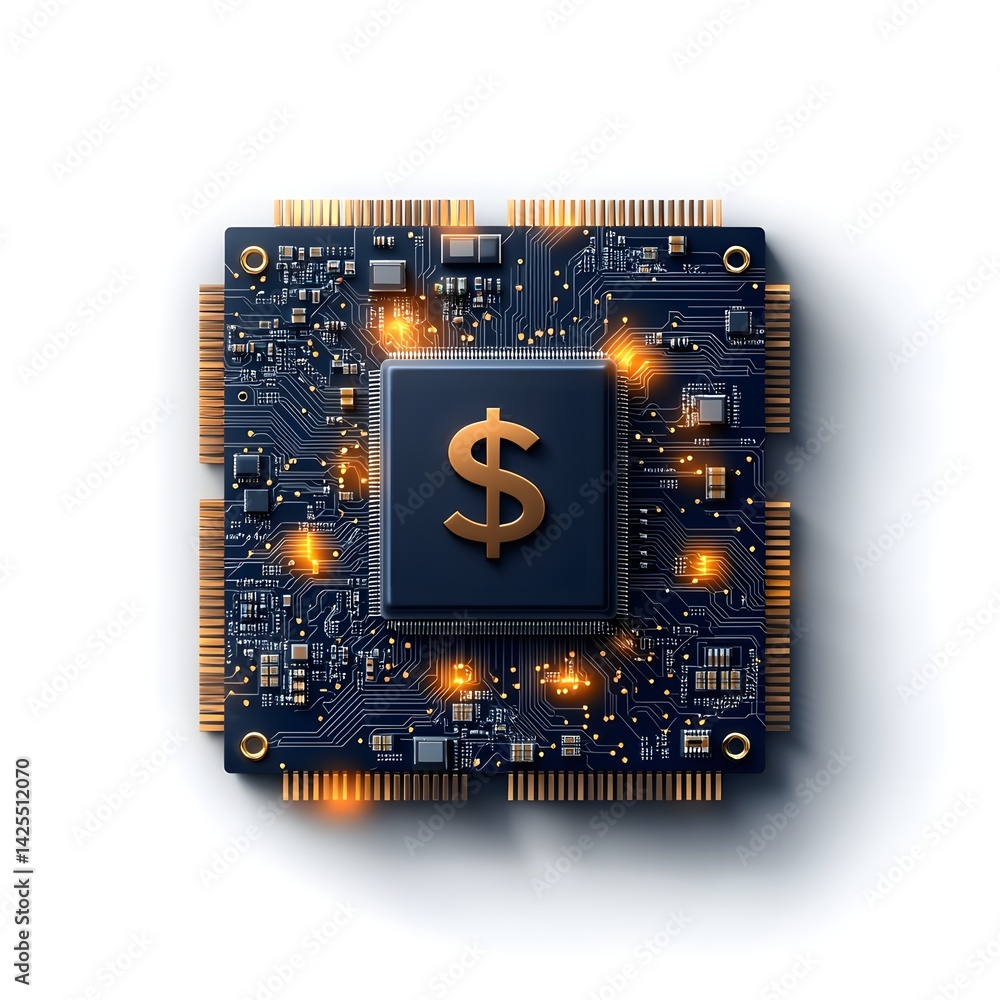 Poster a high tech circuit board with a prominent dollar symbol representing the intersection of cutting ed