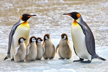 Fototapeta premium Emperor penguins standing in a group with their young on the ice of Antarctica, a realistic photo shoot using natural light and high-resolution photography. 
