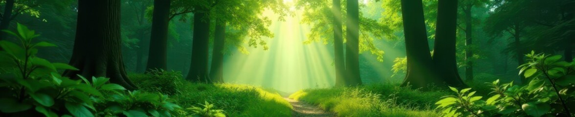 Deep green forest, early morning light filters through dense foliage, nature, natural