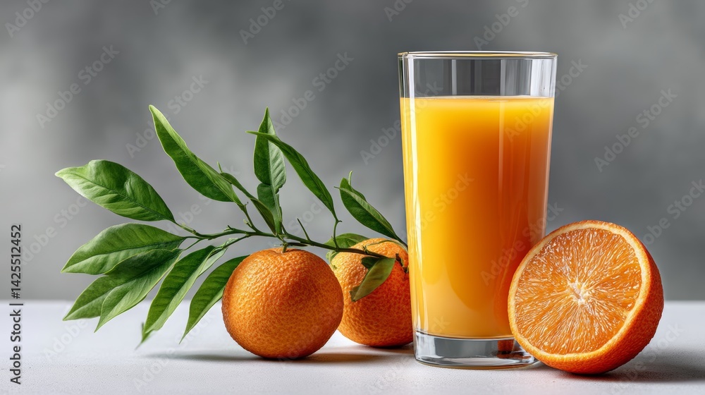 Poster glass of orange juice is on a table with a bunch of oranges. the oranges are cut in half and the jui