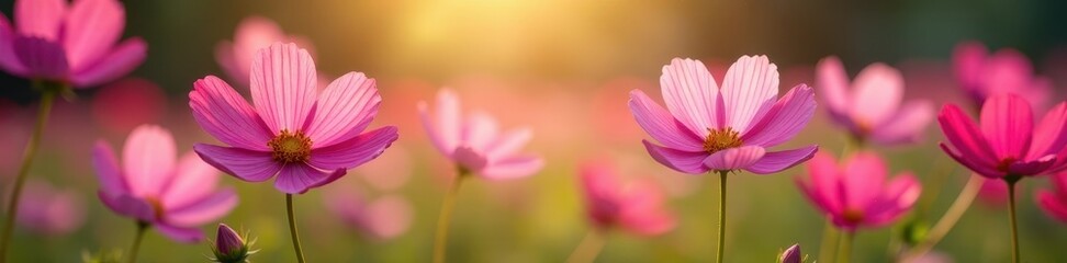 Fototapeta premium Cosmos flowers in full bloom, sunlight illuminating petals , wallpaper, orange, closeup