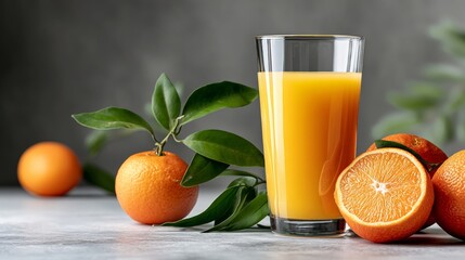 Glass of orange juice is on a table with oranges and leaves. Concept of freshness and health, as the oranges and juice are natural and nutritious