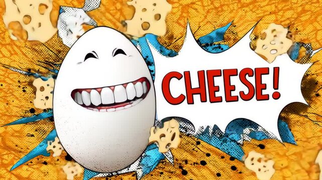 A laughing cartoon egg shouting &ldquo;cheese&rdquo; in a bold comic style with flying cheese pieces. 4K video