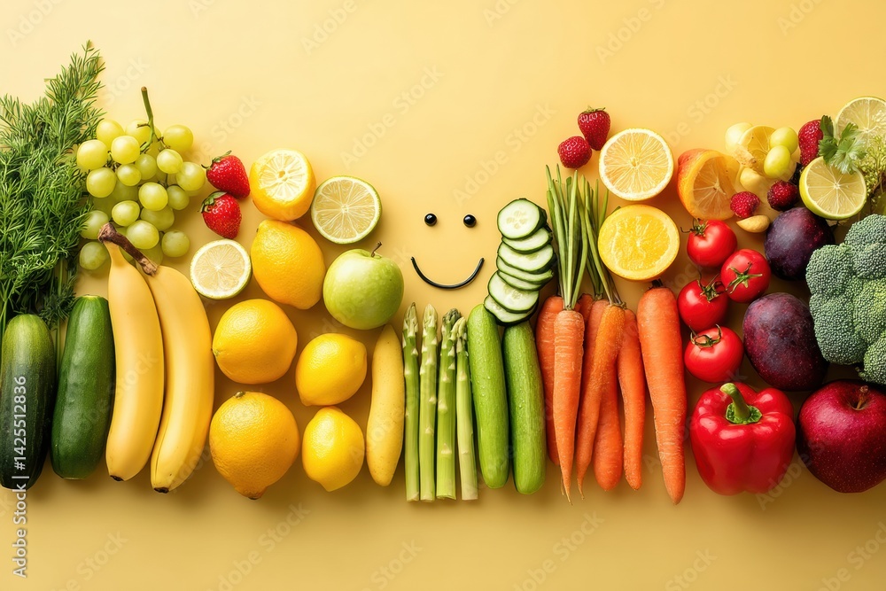 Poster fruits and vegetables arranged in a smiling face on bright surface promoting nutrition and healthy e