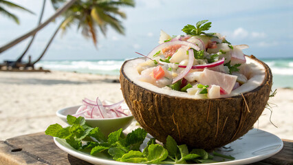 Traditional Polynesian Ika Mata Raw Fish Salad in Coconut Shell with Coconut Cream, Lime Juice, Fresh Herbs and Onion on Tropical Beach Background – Tuvalu Island Inspired Island Cuisine Food Photogra