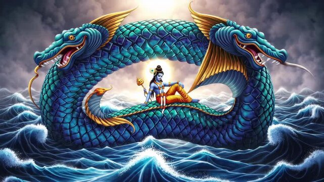 Lord vishnu reclining on shesha, the cosmic serpent