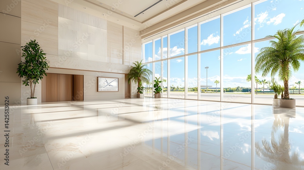 Poster a bright and airy office lobby with high ceilings sleek architectural design and lush greenery creat