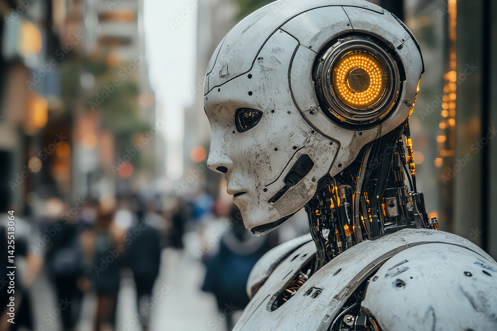 Aufkleber a futuristic robotic figure in an urban setting symbolizes advancements in technology and artificial