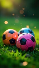 Naklejka premium Four vibrant soccer balls gleam on lush green grass, sparkling with magical dust , macro, four