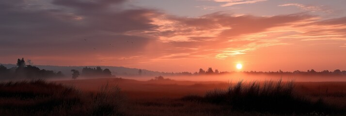 Obraz premium A beautiful sunset over a field with a few trees in the background. The sky is filled with clouds and the sun is setting