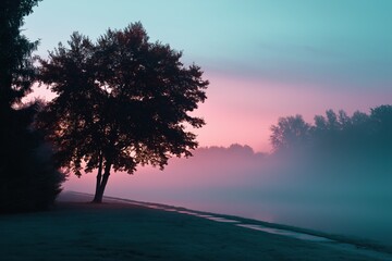 Fototapeta premium A tree is silhouetted against a pink and purple sky. The sky is hazy and the trees are covered in mist
