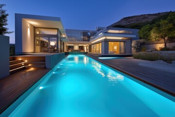 A large house with a pool and a large backyard. The pool is lit up and the house is lit up as well