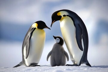 Naklejka premium Emperor penguins standing in a group with their young on the ice of Antarctica, a realistic photo shoot using natural light and high-resolution photography. 