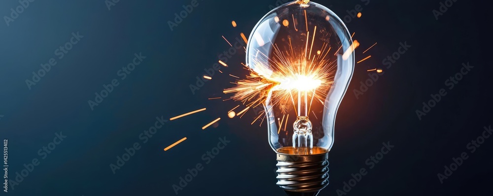 Poster explosion of lightbulb featuring electric filament concept. illuminated light bulb with sparks repre