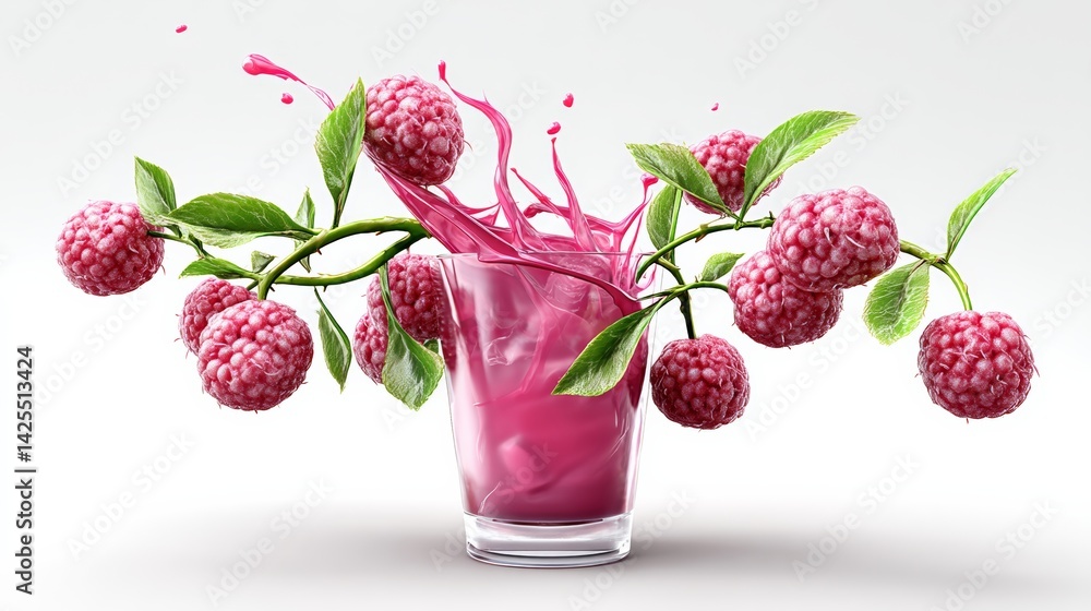 Poster glass filled with a pink liquid and a bunch of red raspberries floating in it. the juice appears to 