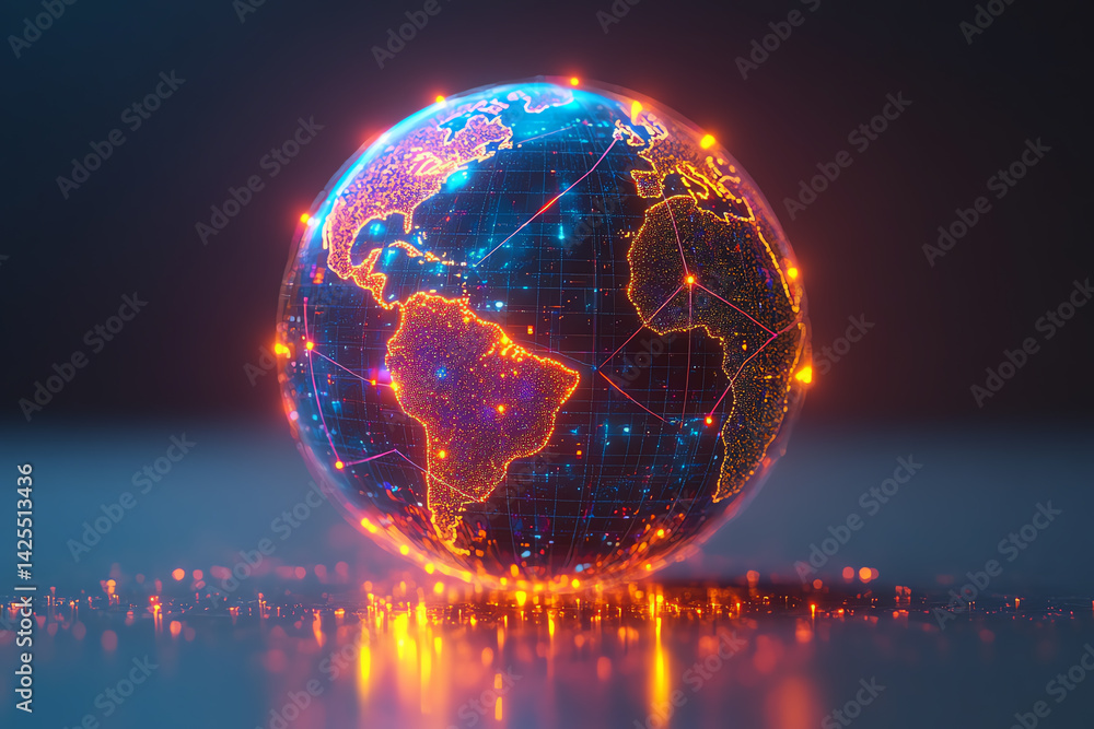 Poster a glowing digital globe representing global connectivity and technology advancements in a modern wor