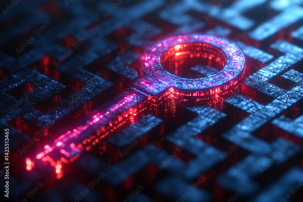 Poster a glowing digital key embedded in a circuit-like maze, symbolizing security and technology in today'