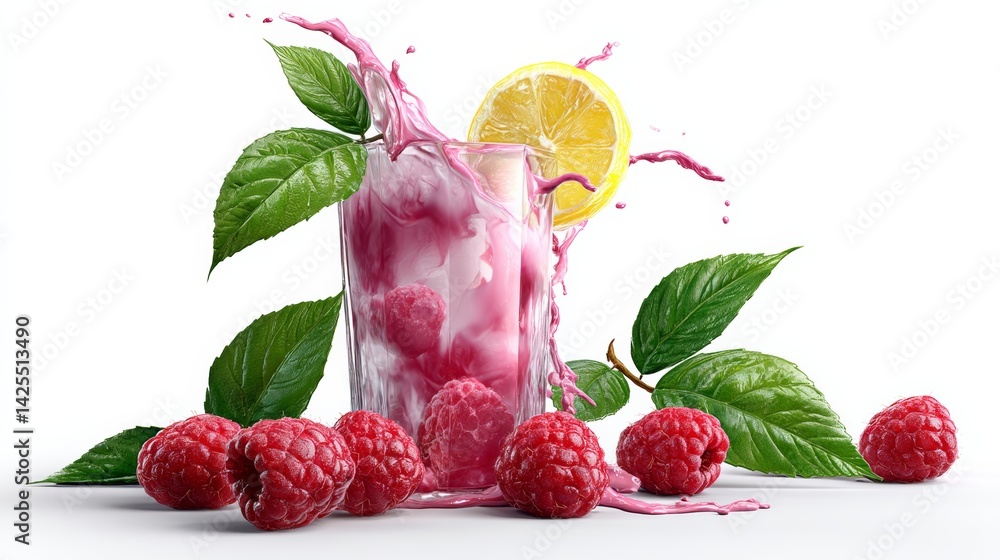Aufkleber glass of pink raspberry juice with a splash of lemon on top. the image has a bright and refreshing m