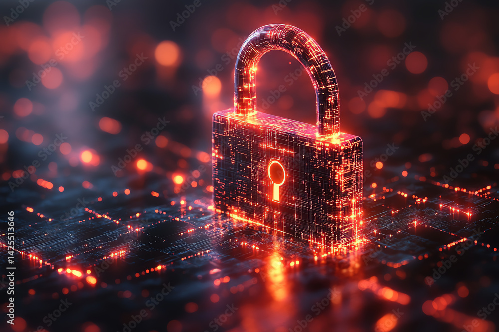 Poster a glowing digital padlock symbolizing cybersecurity and data protection against online threats and p