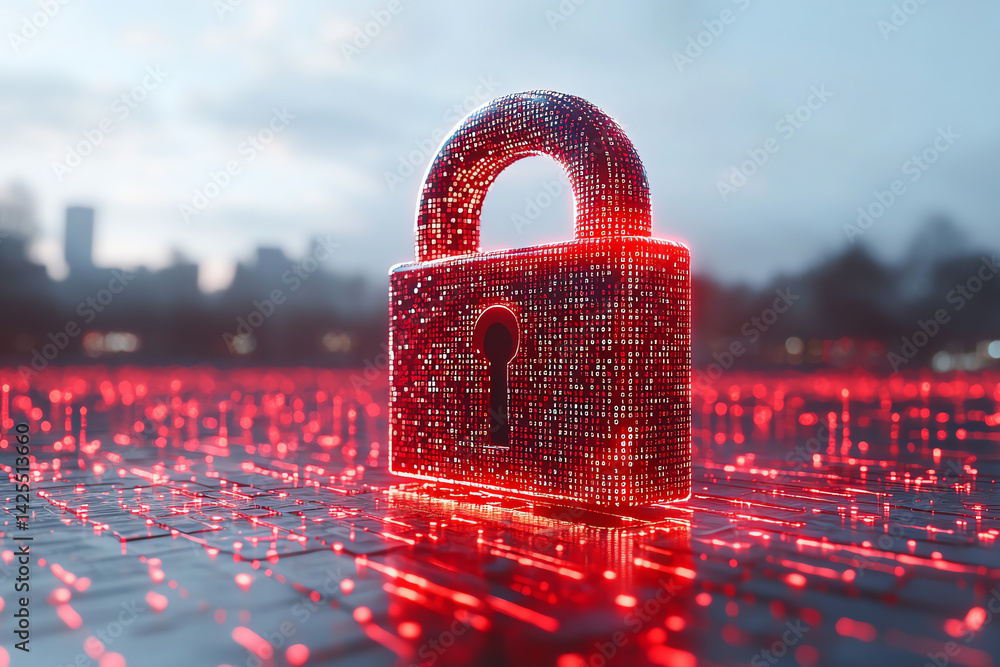 Poster a glowing digital padlock stands amidst a sea of red lights, symbolizing cybersecurity and data prot