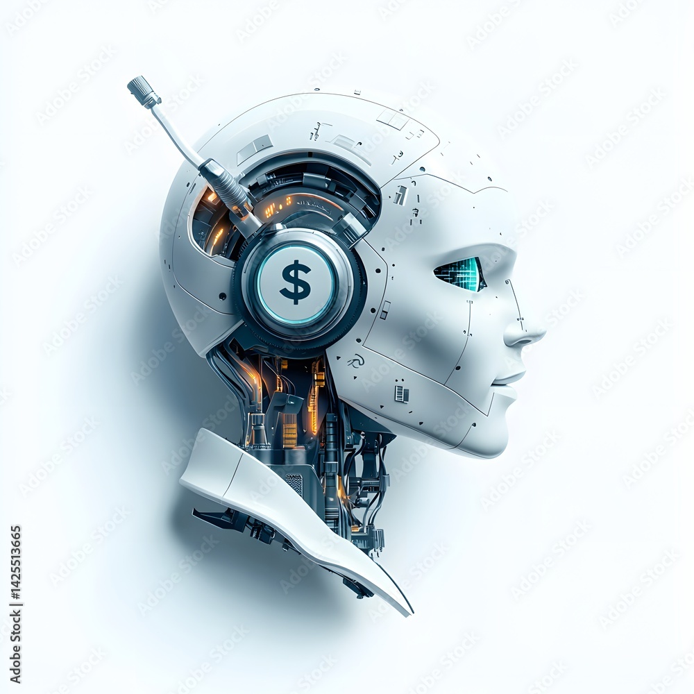 Poster a highly advanced futuristic looking robot head with a dollar sign symbol and intricate circuit elem