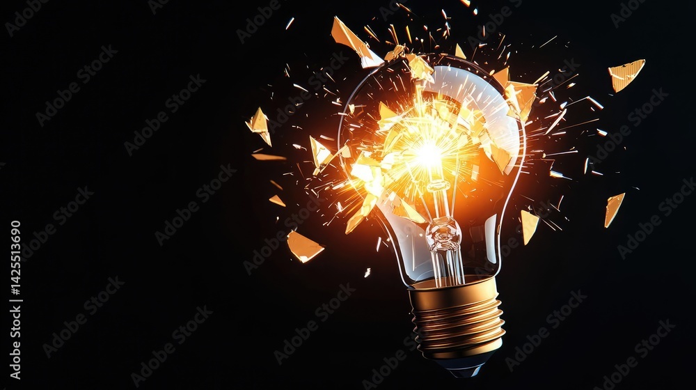 Poster explosion of lightbulb with conceptual high-speed impact concept. a light bulb shattering with spark