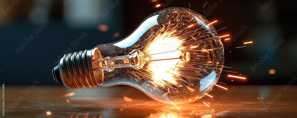 Poster explosion of lightbulb with conceptual high-speed impact concept. a close-up of a light bulb glowing