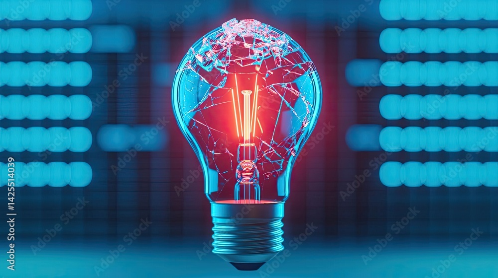 Poster explosion of lightbulb with conceptual high-speed impact concept. a glowing broken light bulb symbol