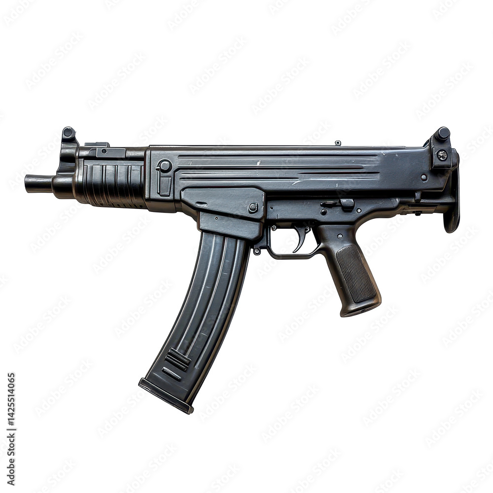Poster compact submachine gun displayed against a plain background showing detailed design features and fun