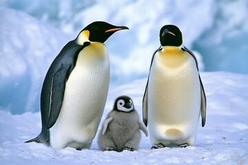 Obraz premium Emperor penguins with chick, side view. A family of emperor penguins on the ice in Antarctica. Stock photo contest winner, high-resolution image, high detail, high quality. 