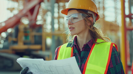A creative asset designed around construction worker focused on task: safely gear up in reflective vest, helmet, and protective eyewear.