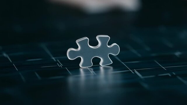 A jigsaw puzzle piece is laying on a table. Concept of completion and satisfaction, as the puzzle piece is the final piece needed to complete the puzzle. The blue background adds a calming