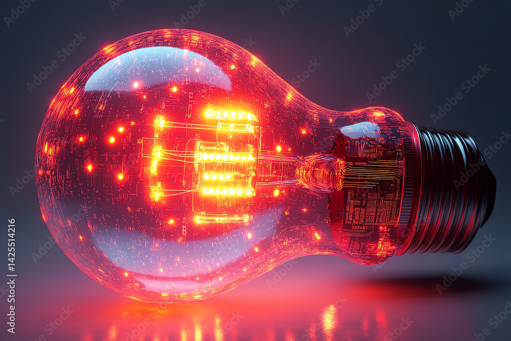 Poster a glowing red light bulb with intricate details, showcasing innovative design and creativity in mode