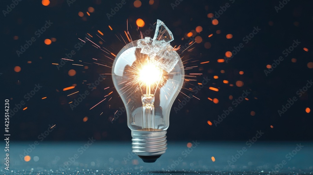 Poster explosion of lightbulb with invention and creativity concept. dynamic light bulb bursting with spark
