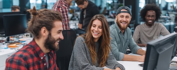 Fototapeta premium Diverse group of young adults smiling and collaborating in modern office environment
