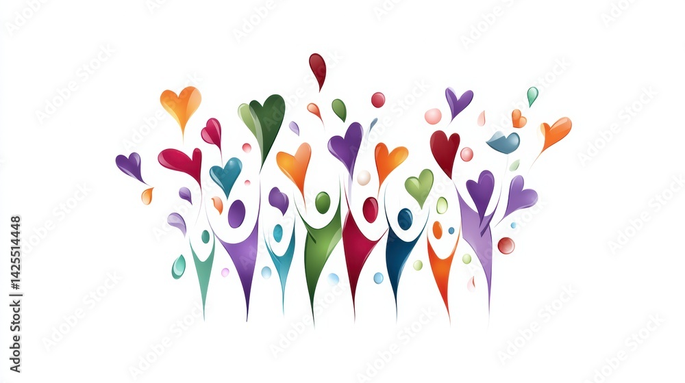 Aufkleber abstract hug icon created with colorful human shapes and hearts radiating warmth and connection in a