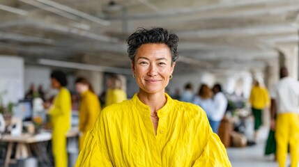 Fototapeta premium Woman in a yellow shirt is smiling and posing for a photo. The image has a bright and cheerful mood, with the woman's smile