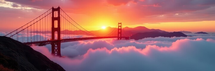 Fototapeta premium Sunrise paints the Golden Gate Bridge in gold, clouds below , dramatic, vista