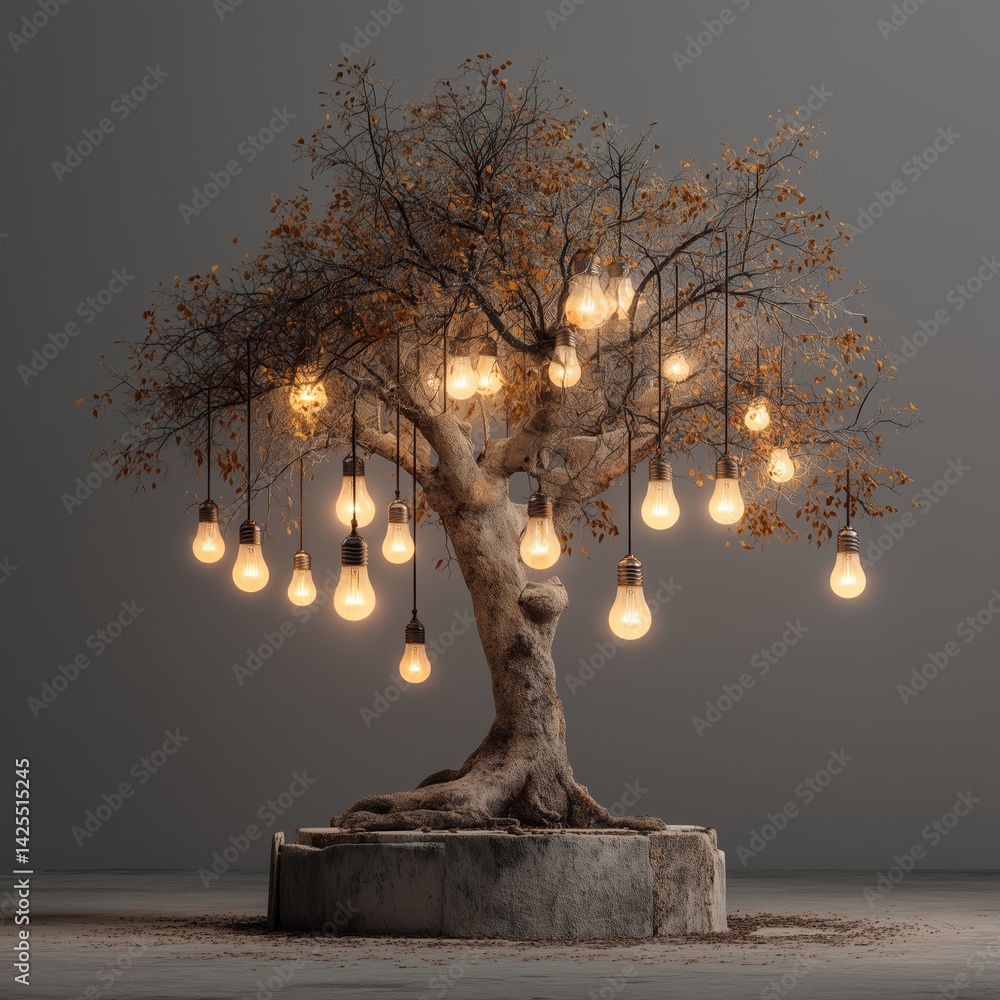 Poster illuminated tree with hanging light bulbs, blending nature and design in a unique artistic display. 