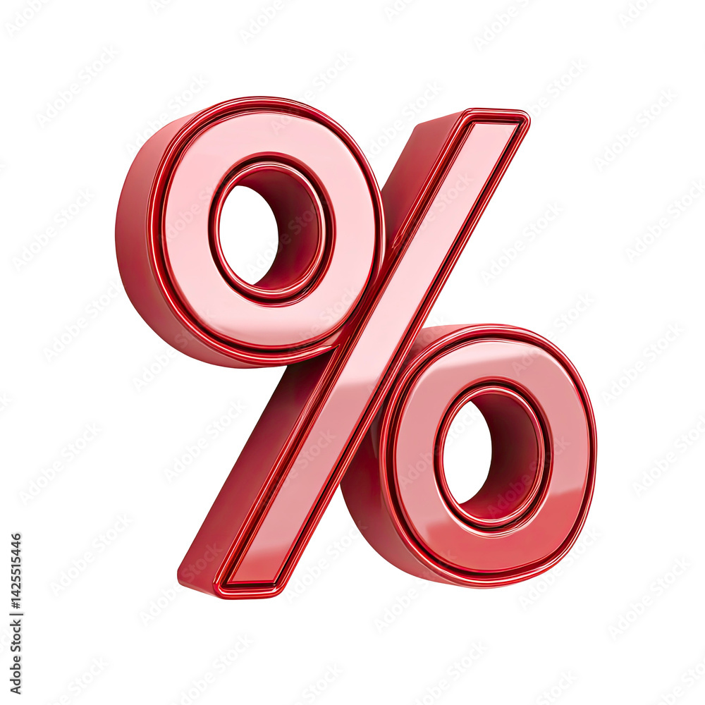 Poster 3d render of a red glossy percentage symbol isolated on transparent background