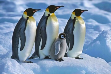 Fototapeta premium Emperor penguins with chick, side view. A family of emperor penguins on the ice in Antarctica. Stock photo contest winner, high-resolution image, high detail, high quality. 