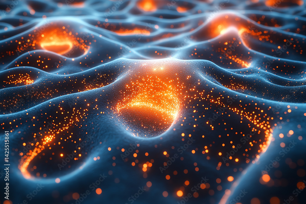 Poster A mesmerizing close-up view of glowing particles in a dynamic, wave-like formation, representing the fusion of science and art.