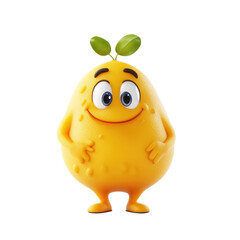 Bright yellow character with a cheerful expression and green leaves atop its head stands proudly against a plain background