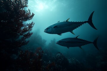 Tuna fish in the mysterious ocean depths, illuminated by soft light filtering through the water, showcasing a tranquil and hidden world.