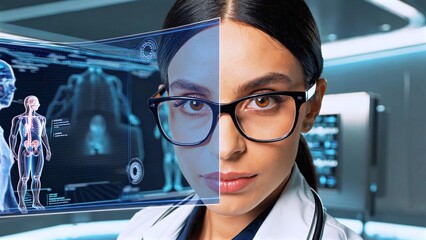 Female physician examining holographic medical data in cutting edge laboratory, analyzing complex anatomical visualizations through advanced digital interface