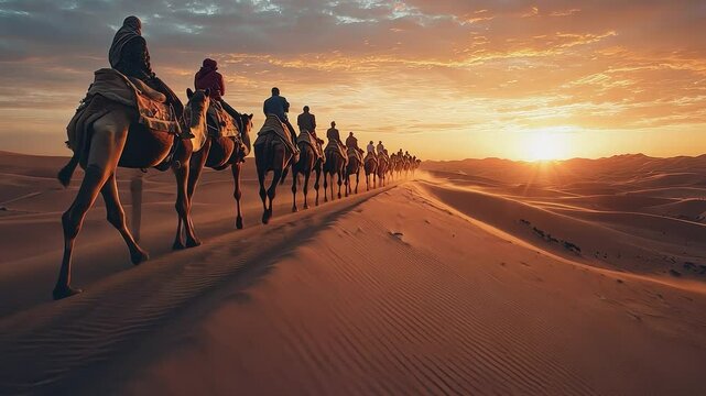 Desert Caravan at Sunset: An evocative image of a camel caravan winding its way across the vast, undulating desert landscape as the sun dips below the horizon, painting the sky with fiery hues.