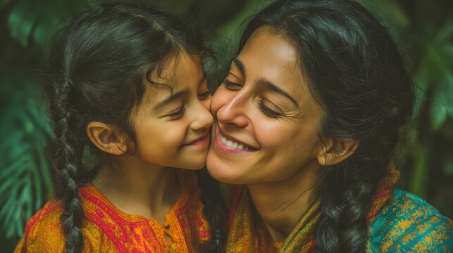 Joyful hispanic mother and daughter embrace outdoors in vibrant clothing